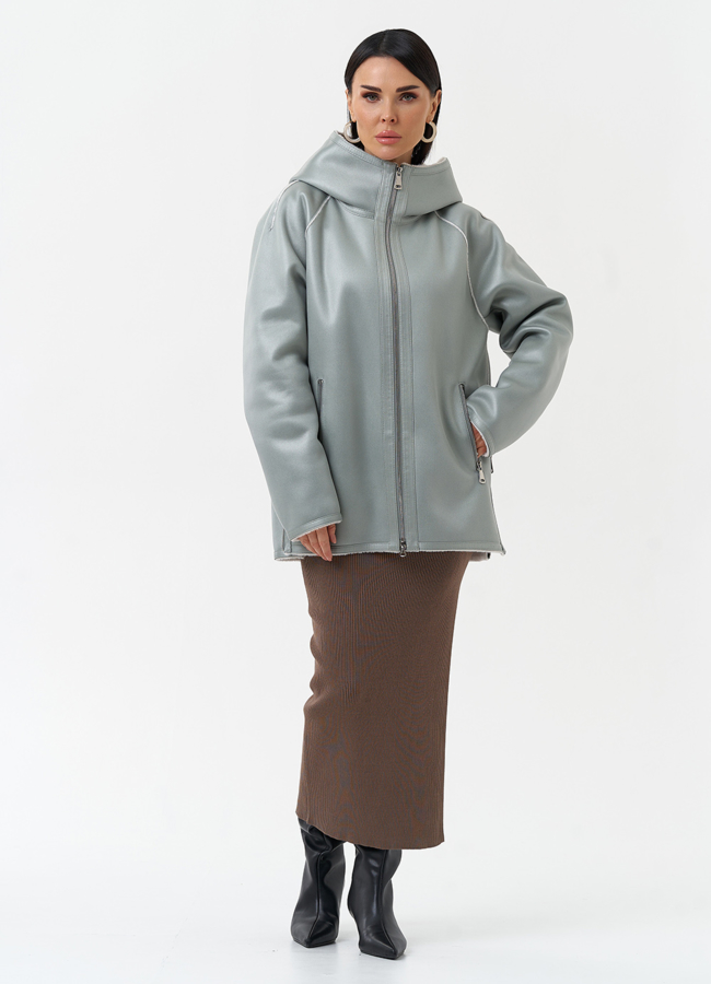 Женская дубленка из эко замши с капюшоном модель № 30204 универмаг малина