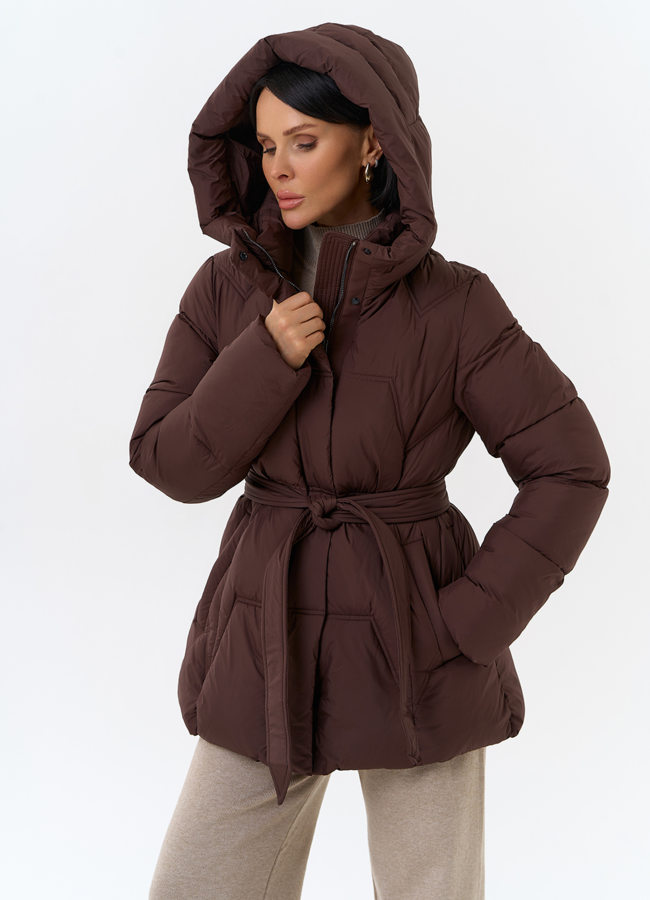 фото Женский пуховик с поясом модель № 32040