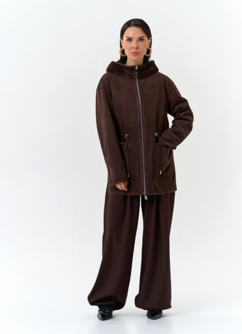 Двухсторонняя дубленка из эко замши с капюшоном