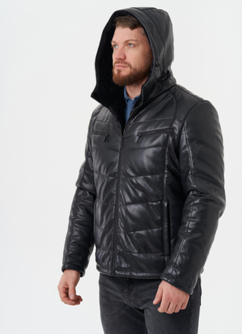 Утепленная куртка из эко кожи с капюшоном