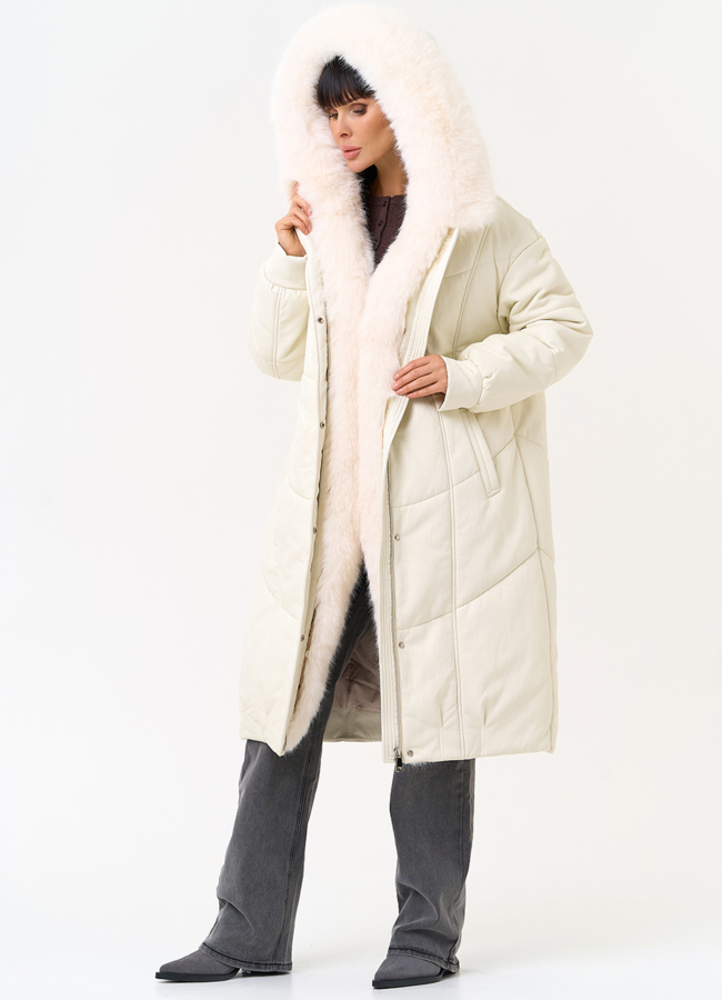 фото Женский пуховик из эко кожи со съемным эко мехом модель № 30717