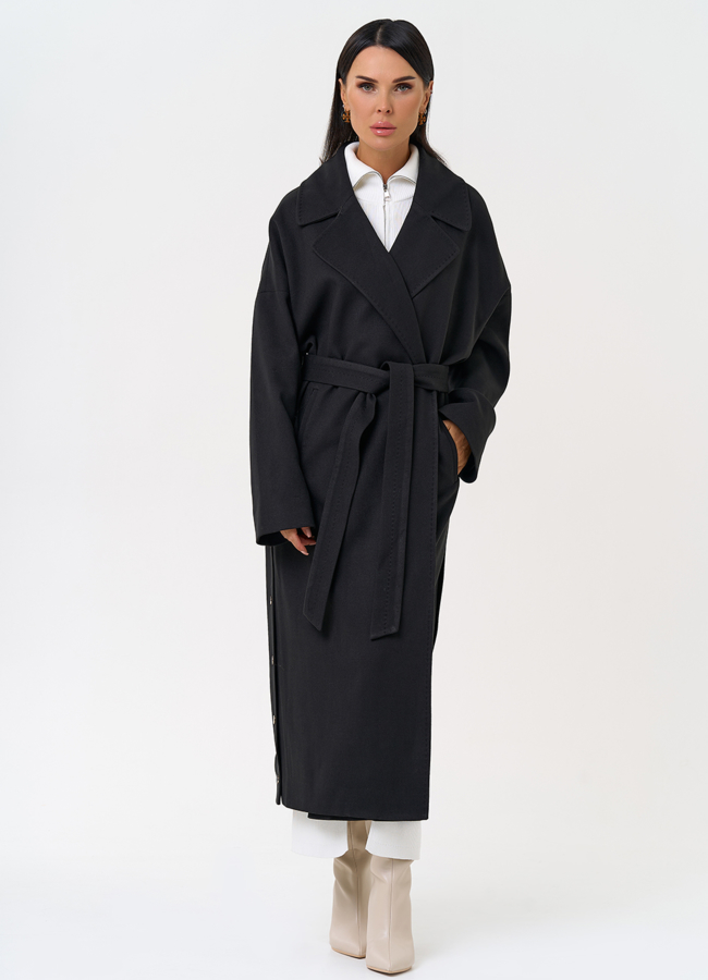 Женское пальто черного цвета с функциональными кнопками модель № 31408 универмаг малина