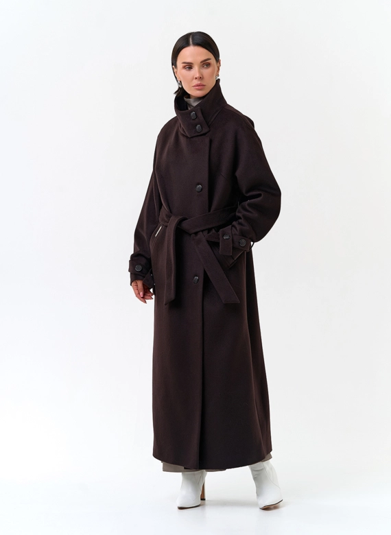 Женское длинное пальто с воротником стойкой фото