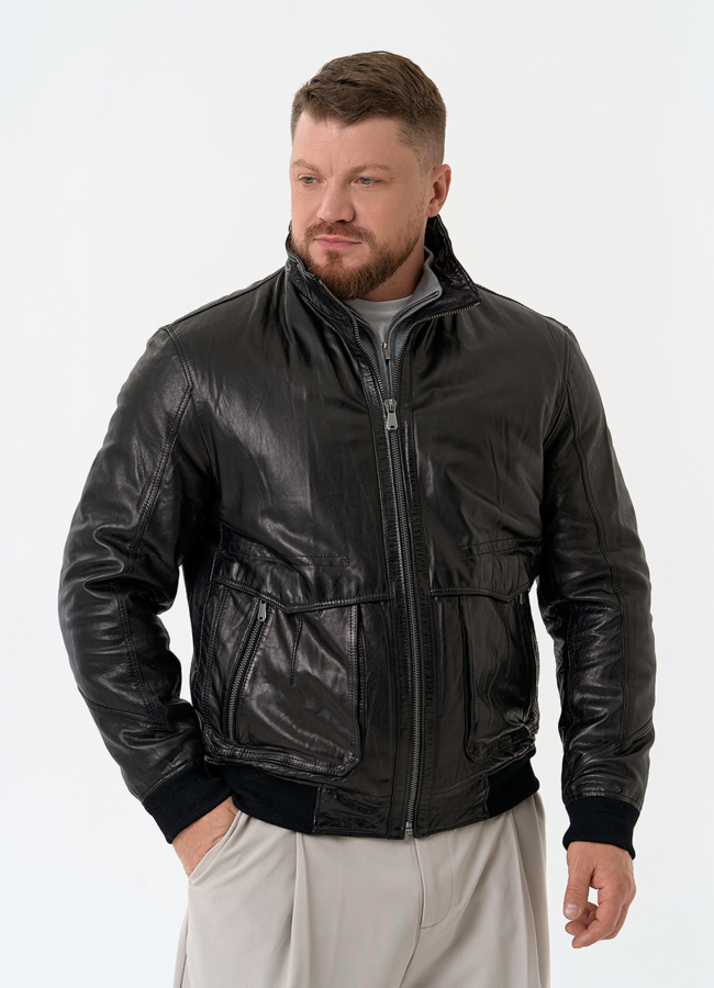 Мужская утепленная куртка из натуральной кожи модель № 32037 меха малина