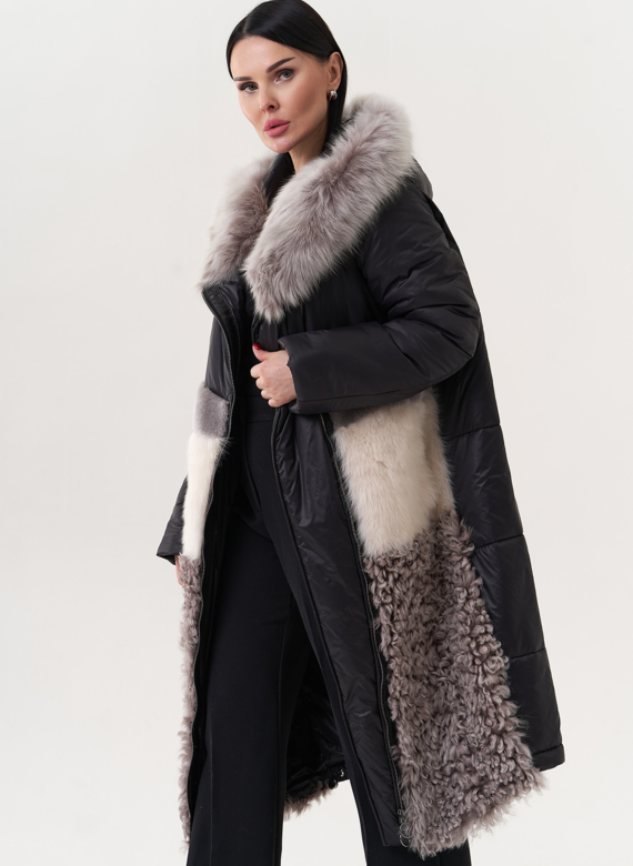 Комбинированный пуховик с овчиной