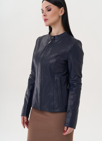 Кожаная куртка "мото" синего цвета