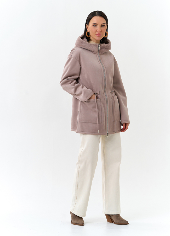 Двухсторонняя дубленка из эко замши с капюшоном модель № 32695 универмаг малина