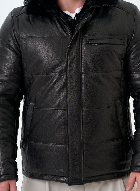 Мужской пуховик из натуральной кожи с капюшоном