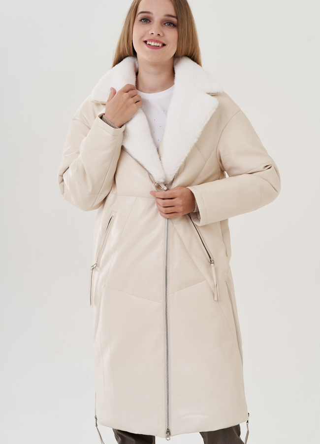 Пуховик женский из эко кожи с английским воротником в светлом цвете модель № 25467 универмаг малина