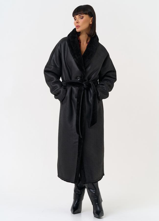 Женская двухсторонняя дубленка из эко замши с воротником шаль модель № 31506 универмаг малина