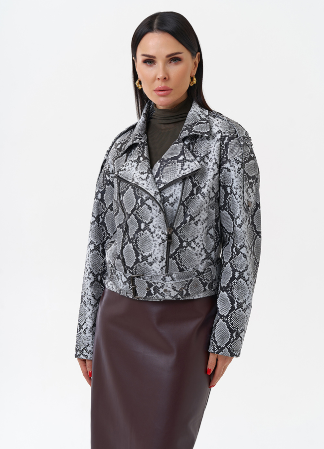 Кожаная куртка со змеиным принтом модель № 4445 меха малина