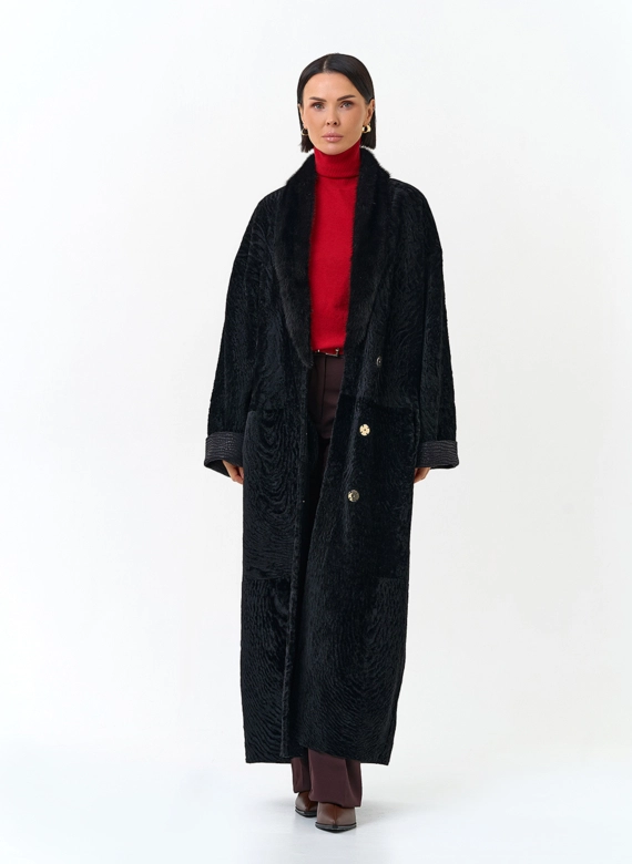 Женская двухсторонняя дубленка с воротником из меха норки фото