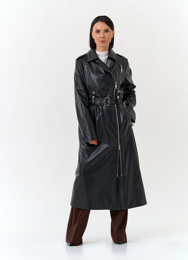 Женский длинный плащ из эко кожи  модель № 27166 меха малина