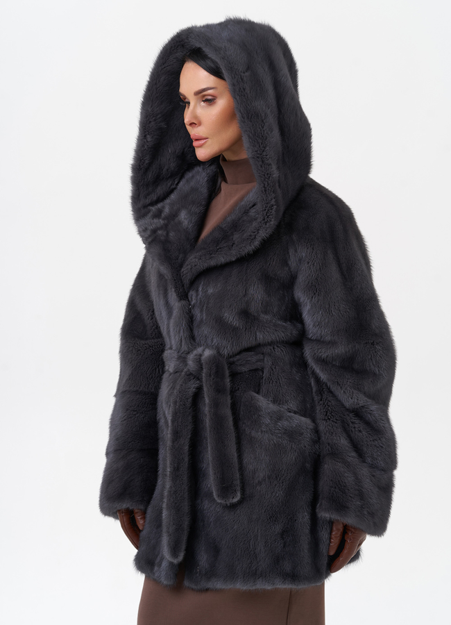 Короткая норковая шуба с капюшоном модель № 29522 универмаг малина