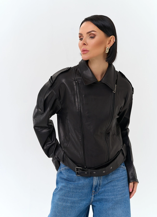 Женская куртка косуха из натуральной кожи модель № 26849 меха малина фото