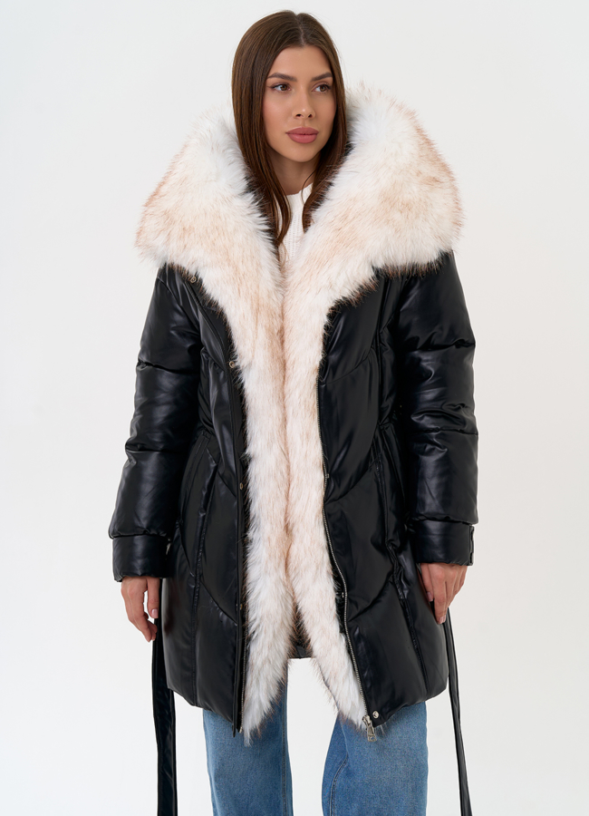 фото Женский пуховик из эко кожи с отделкой из эко меха модель № 30735