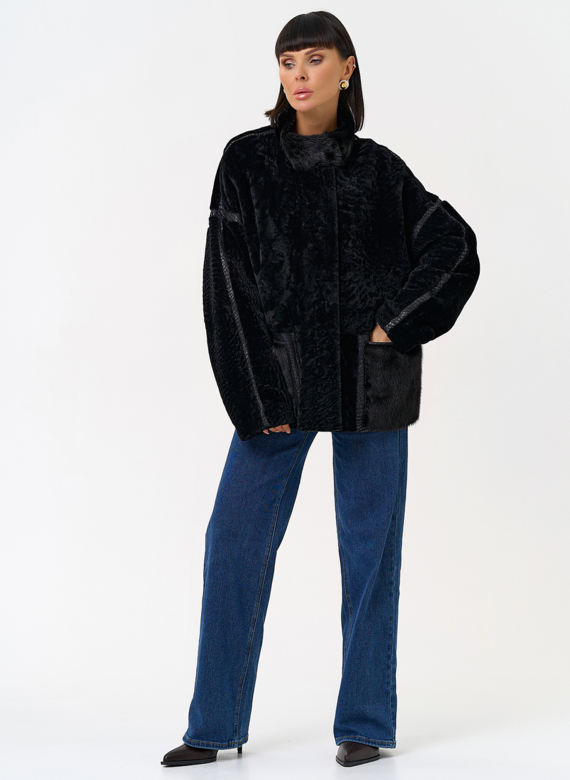 Женская двухсторонняя дубленка с воротником стойкой