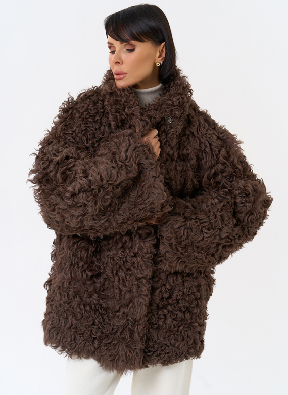 Женская двухсторонняя дубленка с воротником стойкой 