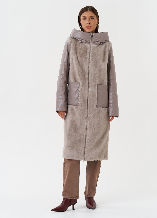 Комбинированный пуховик из эко кожи с капюшоном модель № 28518 меха малина