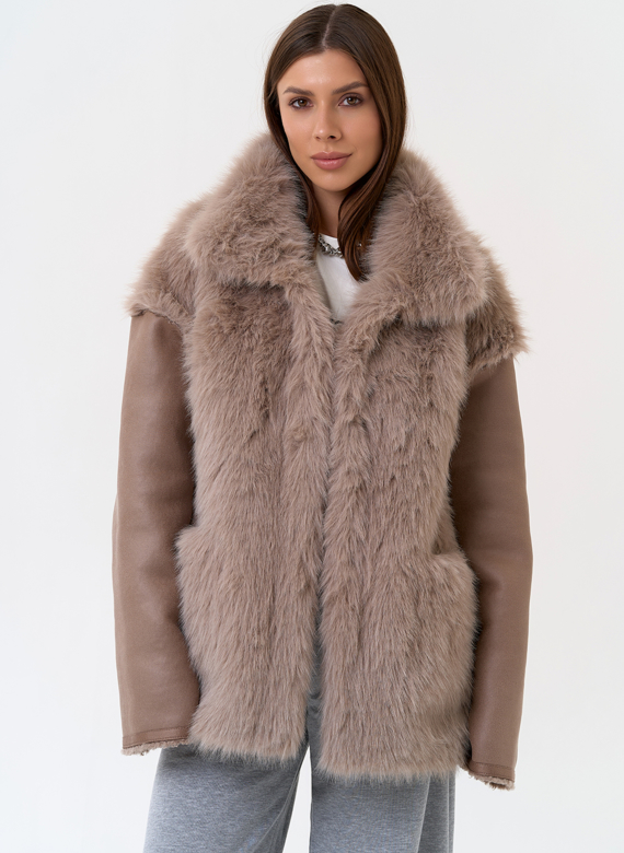 Женская дубленка из эко замши с отделкой из эко меха