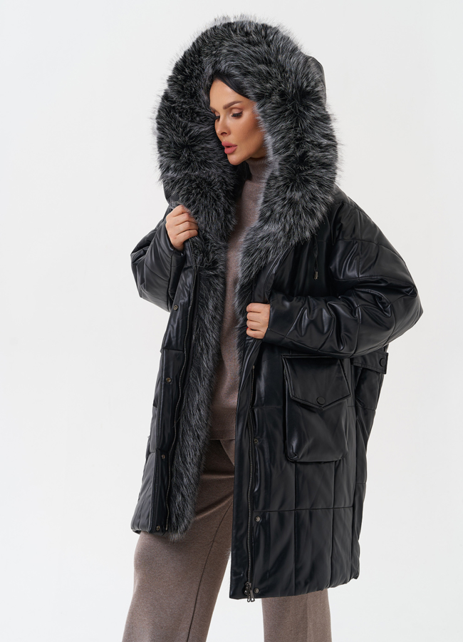 фото Пуховик из эко кожи с капюшоном из эко меха  модель № 27708