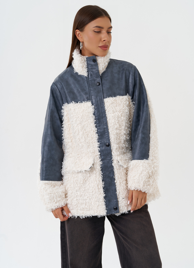 Жакет синего цвета с эко мехом модель № 27122 в кредит