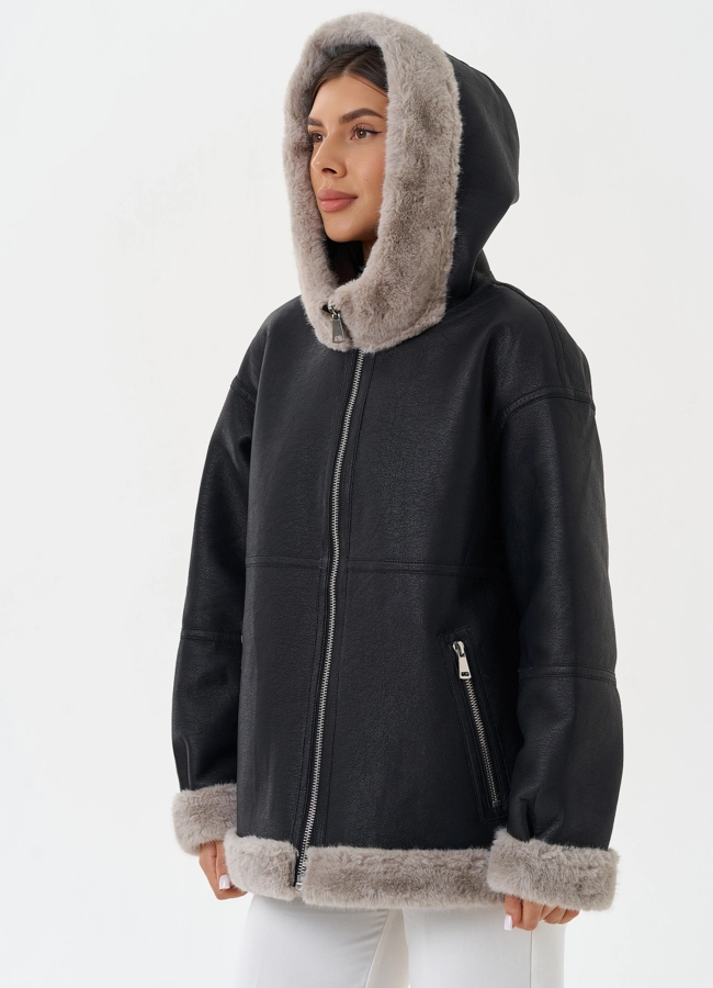 Женская эко дубленка с капюшоном модель № 27760 универмаг малина